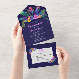 Peacock Feathers & Flowers Purple Quinceañera All In One Invitation