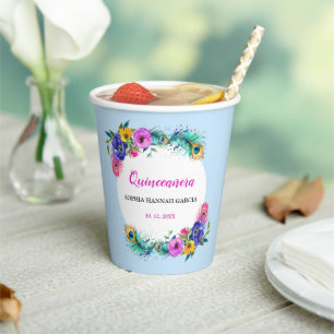 Peacock Feathers & Flowers Quinceañera Baby Blue Paper Cups