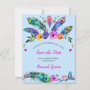 Peacock Feathers & Flowers Quinceañera Baby Blue Save The Date