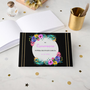 Peacock Feathers & Flowers Quinceañera Black Guest Book