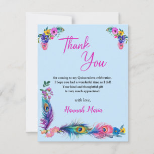 Peacock Feathers & Flowers Quinceañera Blue Flat Thank You Card