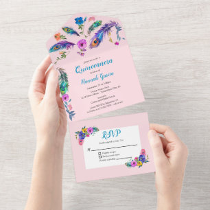 Peacock Feathers & Flowers Quinceañera Blush Pink All In One Invitation