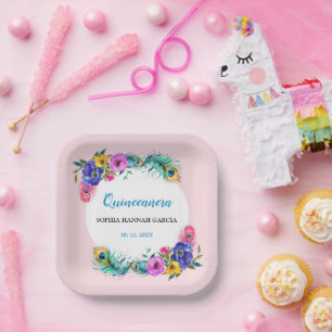 Peacock Feathers & Flowers Quinceañera Blush Pink Paper Plate