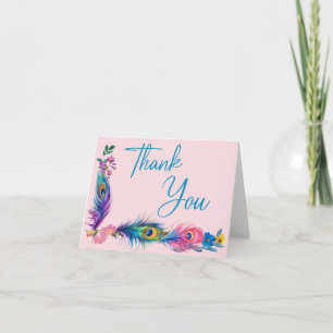 Peacock Feathers & Flowers Quinceañera Blush Pink Thank You Card