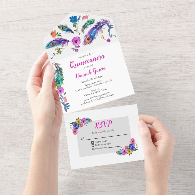 Peacock Feathers & Flowers Quinceañera Budget All In One Invitation (Tearaway)