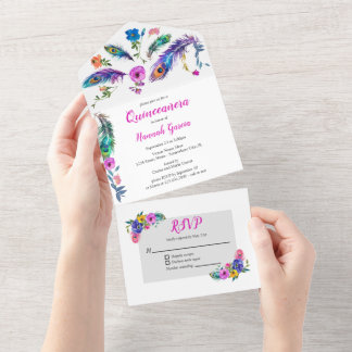 Peacock Feathers & Flowers Quinceañera Budget All In One Invitation