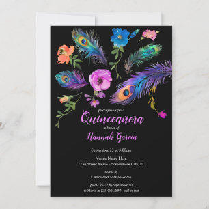 Peacock Feathers & Flowers Quinceañera Party  Invitation
