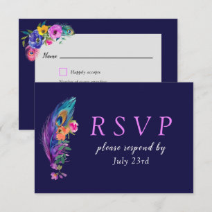 Peacock Feathers & Flowers Quinceañera RSVP Card