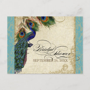 Peacock & Feathers Formal Bridal Shower Aqua Blue Invitation Postcard