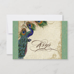 Peacock & Feathers Formal RSVP Réponse Vert Tan