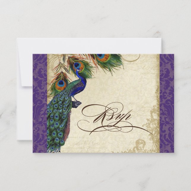 Peacock & Feathers Formal RSVP Response Purple (Front)