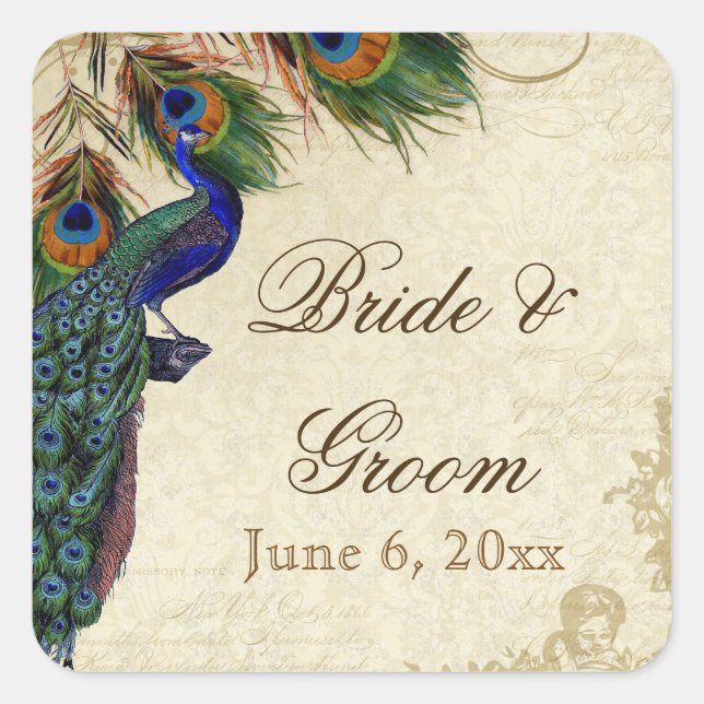Peacock & Feathers Formal Wedding Favour Seals Tag (Front)