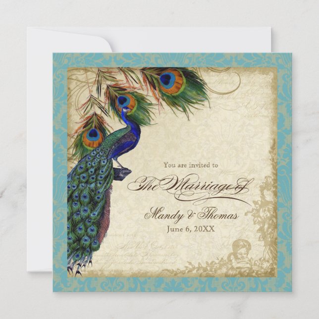 Peacock & Feathers Formal Wedding Invite Aqua Blue (Front)