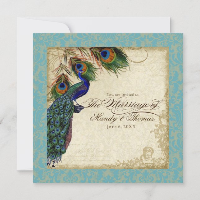 Peacock & Feathers Formal Wedding Invite Aqua Blue (Front)