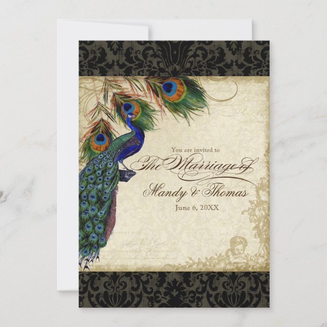 Peacock & Feathers Formal Wedding Invite Black (Front)