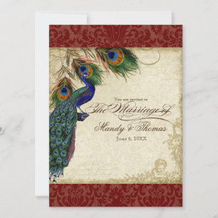 Peacock & Feathers Formal Wedding Invite Red