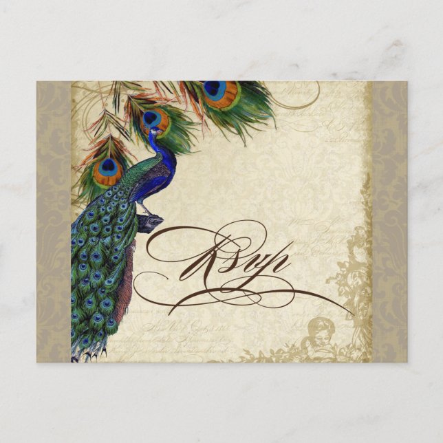 Peacock & Feathers Formal Wedding RSVP Response Invitation Postcard (Front)