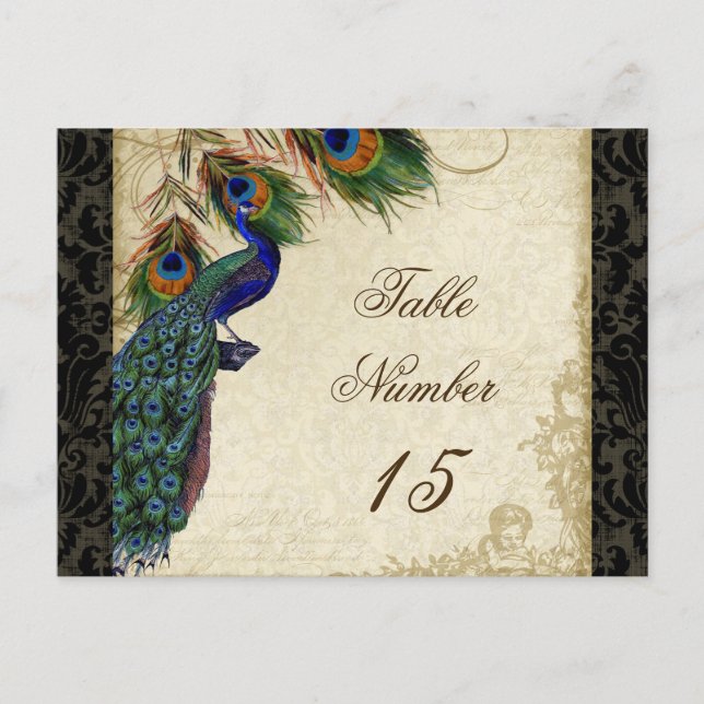 Peacock & Feathers Formal Wedding Table Numbers Postcard (Front)