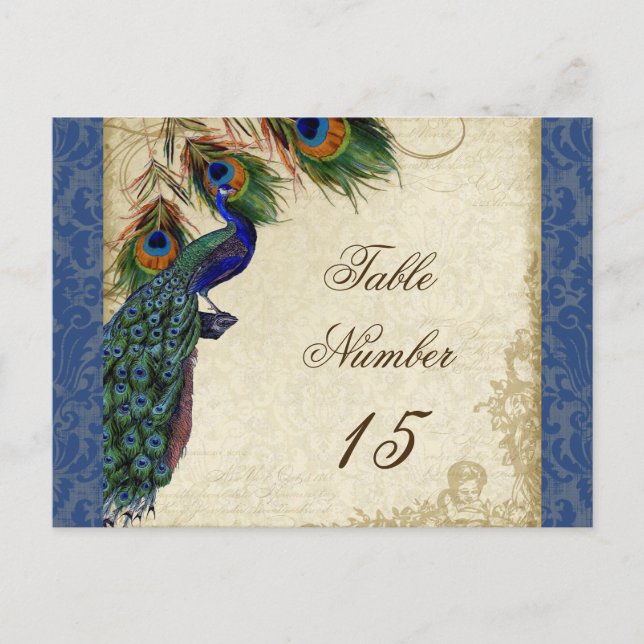 Peacock Feathers Formal Wedding Table Numbers Postcard (Front)