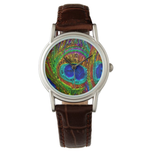 Peacock Feathers Glass Art Watch & Numeral Options (Front)