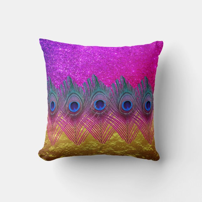 Peacock Feathers Glittery Pink Gold Foil Sparkly Throw Pillow (Front)