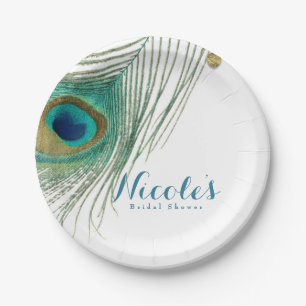 Peacock Feathers & Gold Boho Glam Party Paper Plate