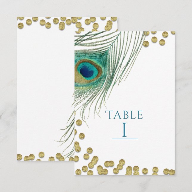 Peacock Feathers & Gold Boho Glam Table Number (Front/Back)