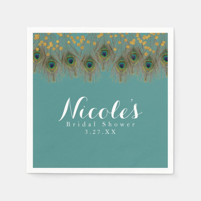 Peacock Feathers & Gold Dots ANY COLOR Party Napkin (Front)