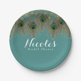 Peacock Feathers & Gold Dots ANY COLOR Party Paper Plate