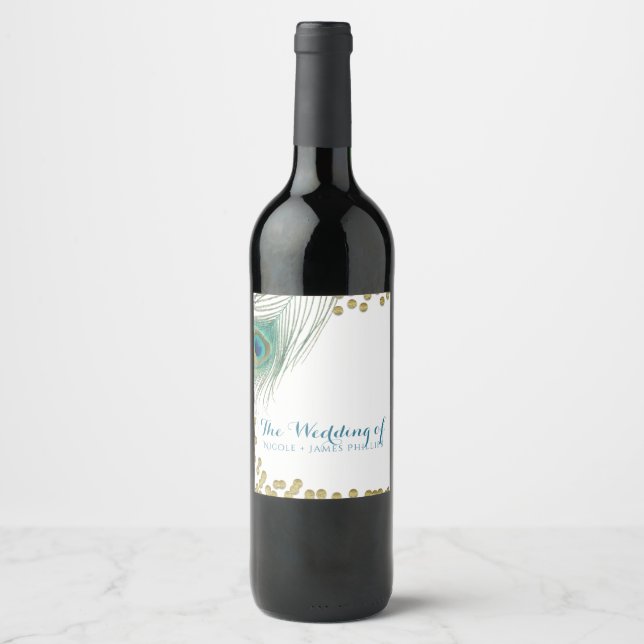 Peacock Feathers & Gold Dots Boho Glam Wine Labels (Front)