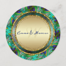 Peacock Feathers Gold Round Wedding Menu Cards