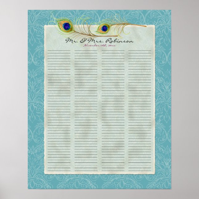 Peacock Feathers Guest Book Signing Poster (Front)