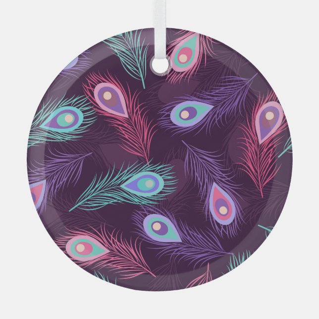 Peacock Feathers: Hand Drawn Vintage. Glass Ornament (Front)