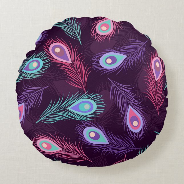Peacock Feathers: Hand Drawn Vintage. Round Pillow (Front)