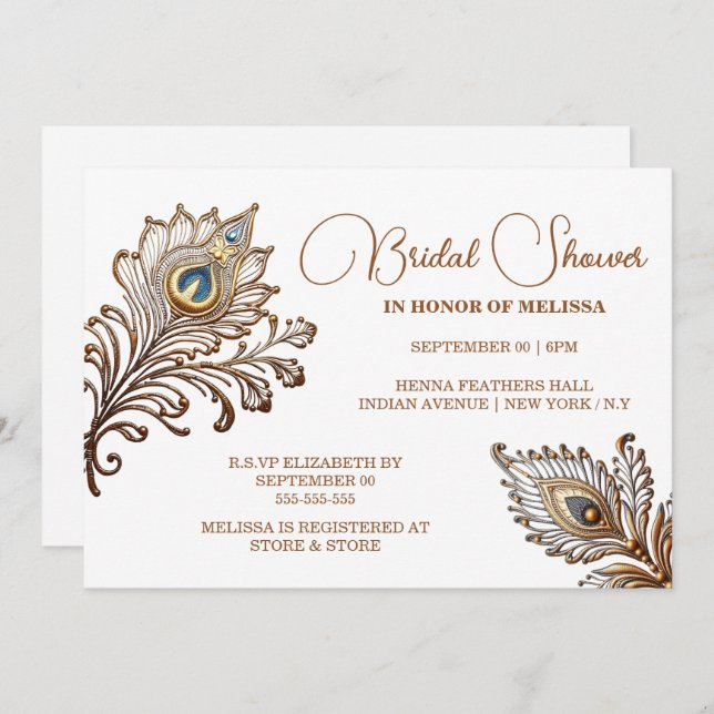 Peacock feathers henna inspired Indian bridal  Invitation (Front/Back)