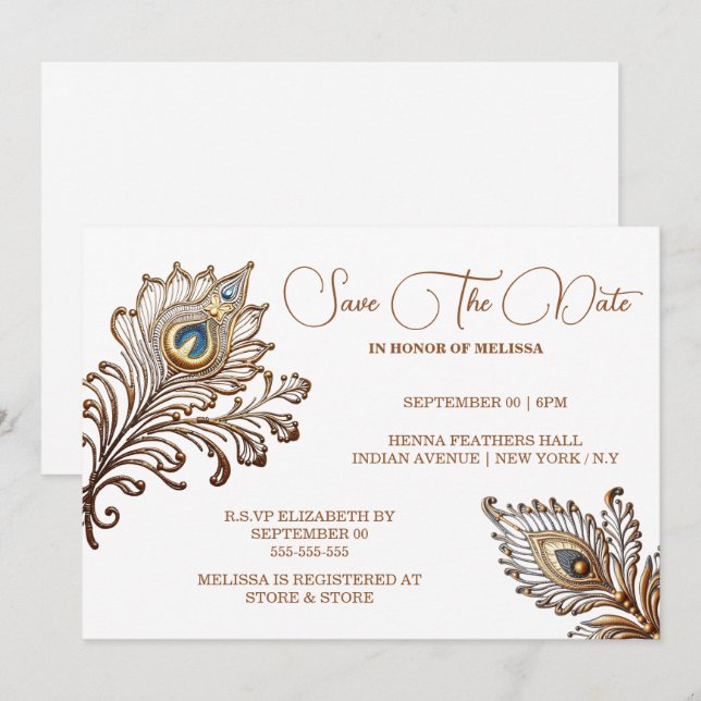 Peacock feathers henna inspired save date invitation (Front/Back)