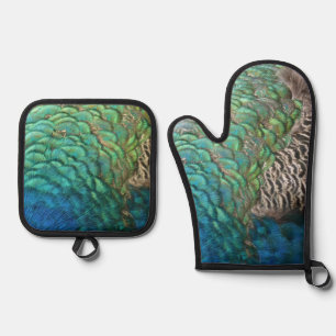 Peacock Feathers I Colourful Abstract Nature Desig Oven Mitt & Pot Holder Set