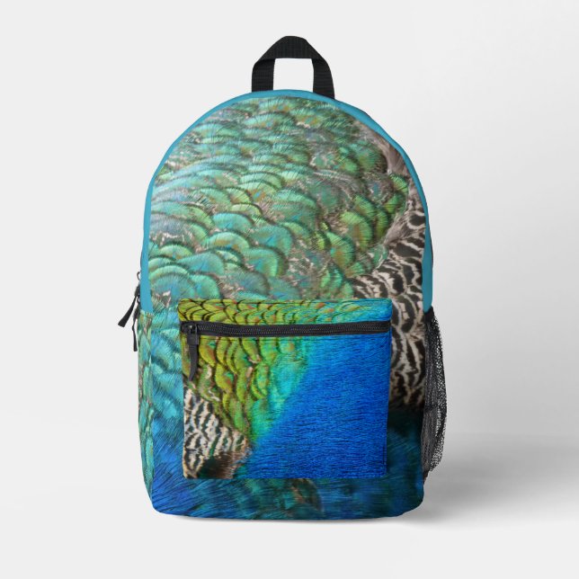 Peacock Feathers I Colourful Abstract Nature Desig Printed Backpack (Front)