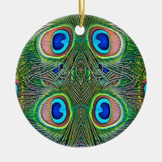 Peacock Feathers Kaleidoscope Print Ceramic Ornament (Front)