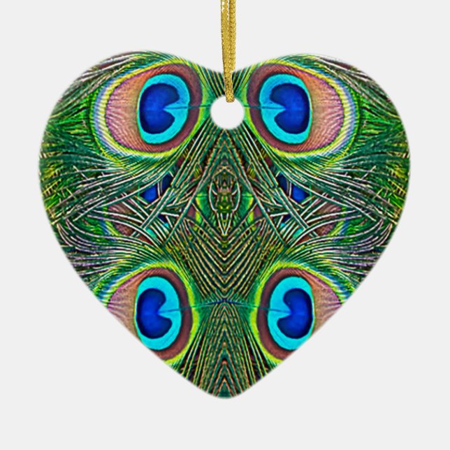 Peacock Feathers Kaleidoscope Print Ceramic Ornament (Front)