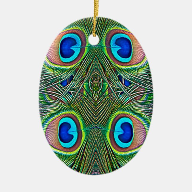 Peacock Feathers Kaleidoscope Print Ceramic Ornament (Front)