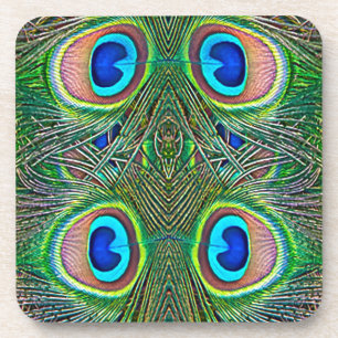 Peacock Feathers Kaleidoscope Print Coaster