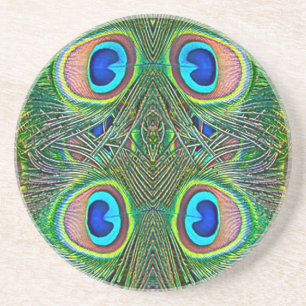Peacock Feathers Kaleidoscope Print Coaster