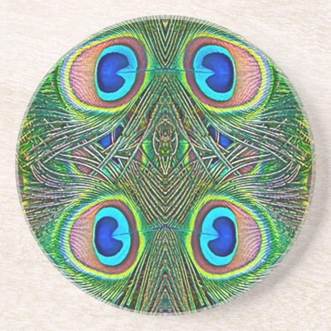Peacock Feathers Kaleidoscope Print Coaster (Front)