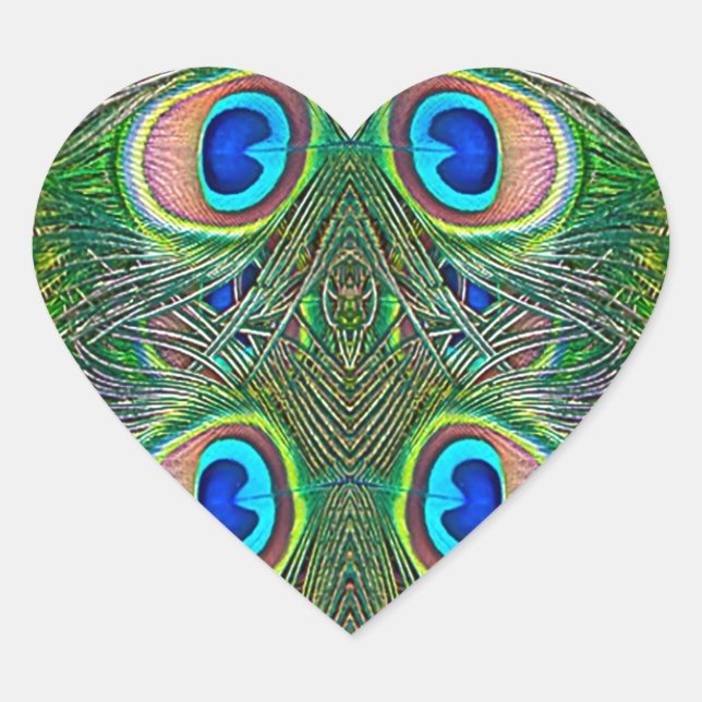 Peacock Feathers Kaleidoscope Print Heart Sticker (Front)