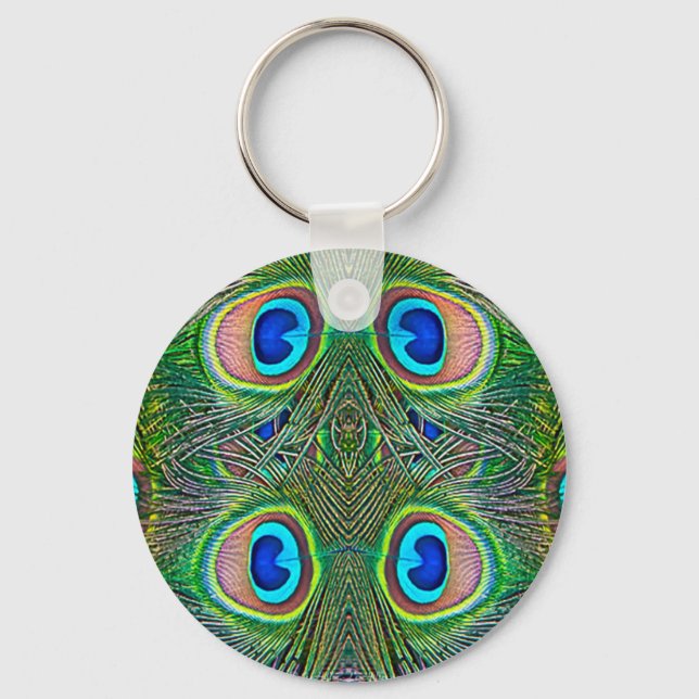 Peacock Feathers Kaleidoscope Print Keychain (Front)