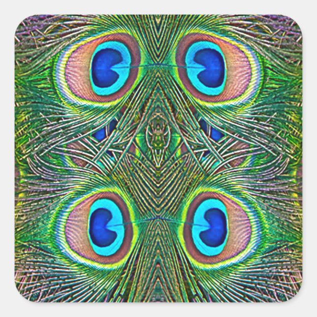 Peacock Feathers Kaleidoscope Print Square Sticker (Front)