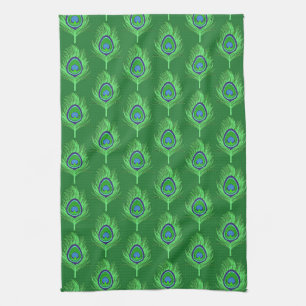 Peacock Feathers, Lime Green on Emerald Green Kitchen Towel
