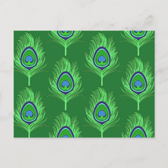 Peacock Feathers, Lime Green on Emerald Green Postcard (Front)