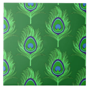 Peacock Feathers, Lime Green on Emerald Green Tile